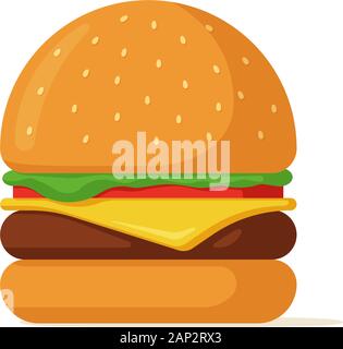 Hamburger fast food isolé. Hamburger avec tomates arc verts juteux rôti de bœuf émincé dans un pain doré avec sauce. Illustration du vecteur plat Cheeseburger Illustration de Vecteur