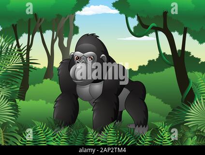 Cartoon Gorille dans l'épaisse forêt tropicale Illustration de Vecteur