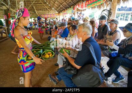 Servant des plats de poissons et de légumes pour les touristes, dans le village indigène Embera Parc National Frais, Panama Banque D'Images