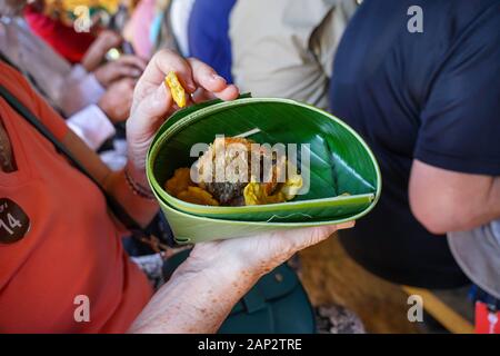 Servant des plats de poissons et de légumes pour les touristes, dans le village indigène Embera Parc National Frais, Panama Banque D'Images