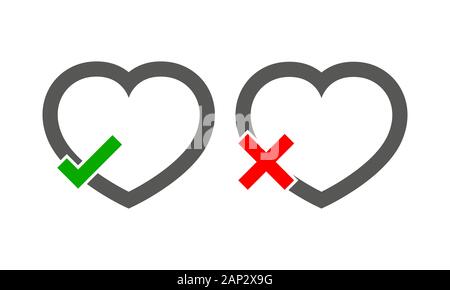 Coeurs avec Oui et Non. Oui et Non. Vector illustration. Coeurs gris avec des marques rouges et vertes sur fond clair. Illustration de Vecteur