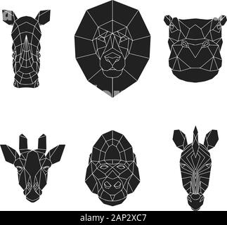 Les chefs d'géométrique noir rhino, lion, gorille, girafe, hippopotame et Zebra. Définir abstrait animaux polygonale de l'Afrique. Vector illustration. Illustration de Vecteur