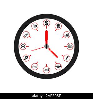 Icône horloge dans télévision design. Vector illustration. Horloge noire avec des symboles au lieu des chiffres, isolé sur fond clair. Illustration de Vecteur