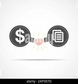 Symbole de la poignée de main entre argent et de documents d'affaires. Vector illustration. Le concept d'un contrat ou d'accord. Illustration de Vecteur