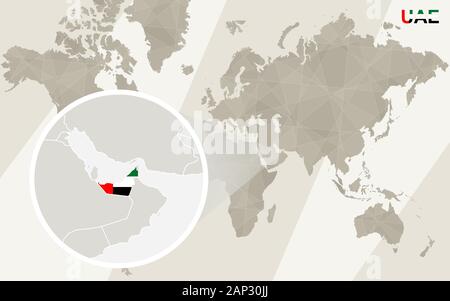 Zoom sur les Emirats Arabes Unis la carte et drapeau. Carte du monde. Illustration de Vecteur