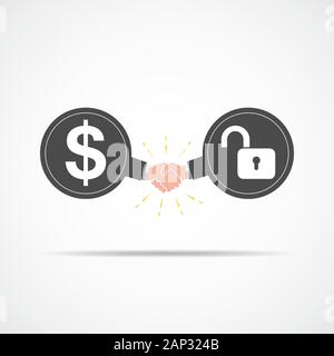 Symbole de la poignée de main entre argent et ouvrir le verrouillage. Vector illustration. Le concept d'un contrat ou d'accord. Illustration de Vecteur