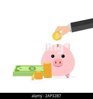 Tirelire et part avec pièce d'un dollar. Vector illustration. Pièce en or de mettre la main Illustration de Vecteur