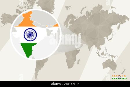 Zoom sur l'Inde la carte et drapeau. Carte du monde. Illustration de Vecteur