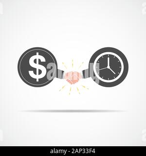 Symbole de la poignée de main entre le symbole du dollar et de l'horloge. Vector illustration. Le concept d'un contrat ou d'accord. Illustration de Vecteur