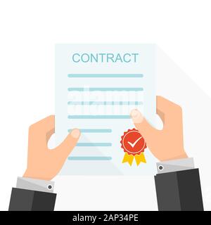 Le contrat papier dans les mains à plat. Vector illustration. Concept d'une transaction réussie Illustration de Vecteur