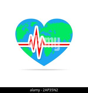 Battement de coeur couleur avec icône. Vector illustration. Coeur signe avec carte du monde en version plate. Illustration de Vecteur