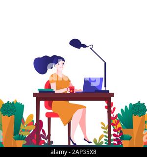 Business souriante jeune femme assise sur une chaise à la table, sur ce livre et de plantes en pot, fleurs, isolé sur fond blanc. Verdure en worksp Illustration de Vecteur