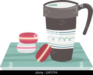Une tasse de voyage avec du café chaud et macarons sur la table. Télévision vector illustration. Illustration de Vecteur