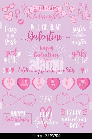 Jour Galentines, hand drawn vector design elements pour la Saint-Valentin, carte Galentines jour, ladies night, femme, invitation à une fête Illustration de Vecteur