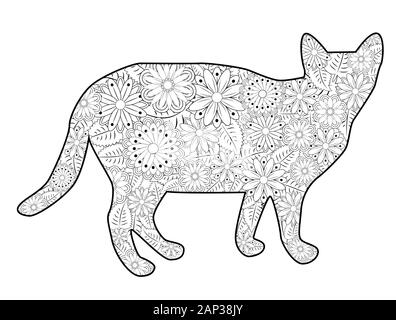 Livre de coloriage Magic Cat pour adultes. Décoration ethnique artistique dessinée à la main avec illustration à motifs Illustration de Vecteur