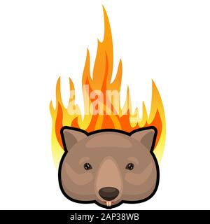 Wombat pleurant icône sur fond d'incendie. Cartoon vector illustration. Illustration de Vecteur