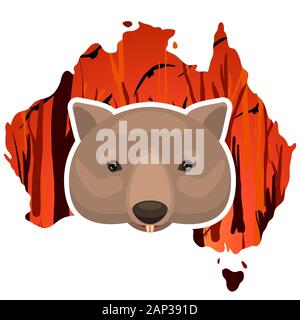 Wombat pleurant sur une icône carte Australie Aperçu Contexte avec une forêt en feu. Cartoon vector illustration. Illustration de Vecteur