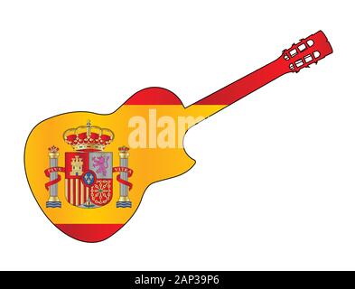 Une guitare acoustique flamenco espagnol typique isolé sur un fond blanc avec le drapeau de l'Espagne l'Encart Illustration de Vecteur