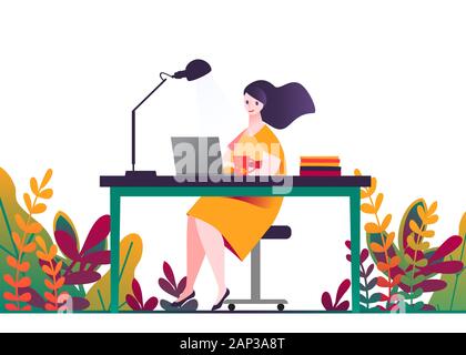 Business souriante jeune femme assise sur une chaise à la table, sur ce livre et de plantes en pot, fleurs, isolé sur fond blanc. Verdure en worksp Illustration de Vecteur