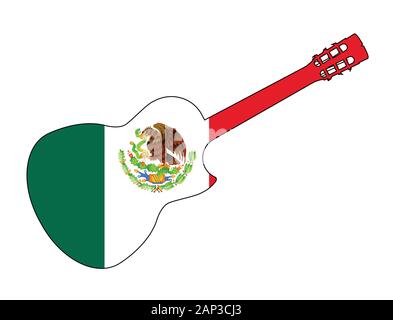 Une guitare acoustique flamenco espagnol typique isolé sur un fond blanc avec le drapeau du Mexique l'Encart Illustration de Vecteur