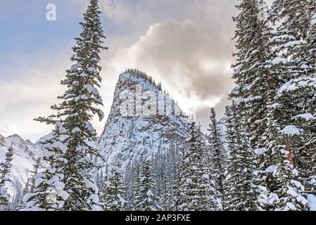 Vue d'hiver de la grande montagne de ruche au-dessus du lac Louise dans le parc national de Banff, Alberta, Canada Banque D'Images