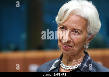 Bruxelles, Belgique. 20 Jan, 2020. Le Président de la Banque centrale européenne, Christine Lagarde, se prépare à assister à une réunion des ministres des finances de l'Eurogroupe à Bruxelles, Belgique, le 20 janvier 2020. Credit : Zhang Cheng/Xinhua/Alamy Live News Banque D'Images