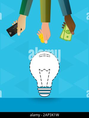 Faites de l'ampoule de pointillés comme idée symbole et mains tenant la carte de crédit, pièces et billets en euros en tant que concept crowdfunding Illustration de Vecteur