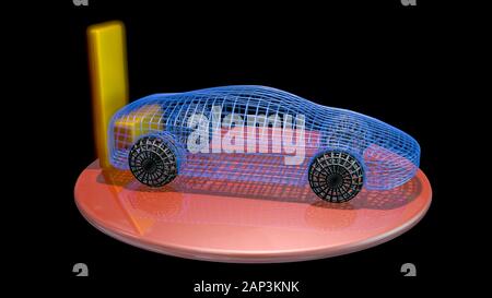 Chargement de voiture électrique en 3 dimensions à partir d'une grande prise de batterie jaune brillant Banque D'Images