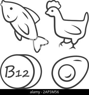 La vitamine B12 l'icône linéaire. Le poisson, la volaille et des oeufs. L'alimentation saine. La cobalamine source de nourriture. Minéraux, antioxydants. Fine ligne illustration. Symbole de contour. Illustration de Vecteur