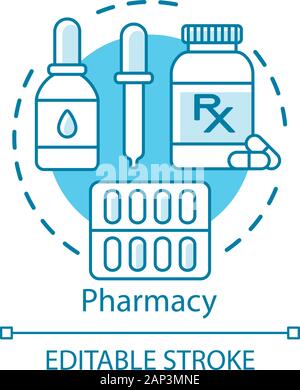 Concept de pharmacie icône. Produits pharmacologiques. Médicament, les médicaments sous forme de comprimés, de gouttes, gélules. Plan de traitement. Idée pharmacie ligne fine illustration. V Illustration de Vecteur