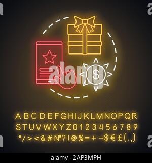 Votre bonus neon light concept icône. Idée cadeaux et prix. Remises, échangez vos points. Programme de récompenses. Promotions et offres spéciales. Signe rougeoyant avec alpha Illustration de Vecteur