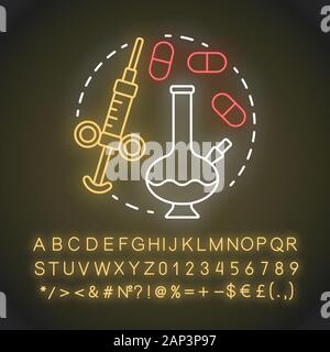 L'abus de neon light concept icône. Les stupéfiants, la dépendance aux opioïdes idée. L'alphabet, les chiffres lumineux. Bong, seringue et comprimés. La cocaïne, l'héroïne et la marijuana Illustration de Vecteur