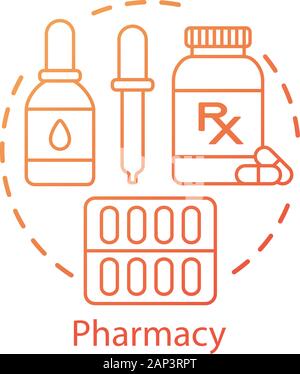 Concept de pharmacie icône. Produits pharmacologiques. Médicament, les médicaments sous forme de comprimés, de gouttes, gélules. Plan de traitement. Idée pharmacie ligne fine illustration. V Illustration de Vecteur