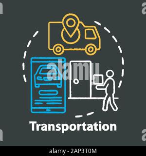 Transports - concept de craie icône. Express livraison à domicile, application d'appel cabine idée. Le service client de l'industrie. Van, smartphone et de messagerie avec packa Illustration de Vecteur