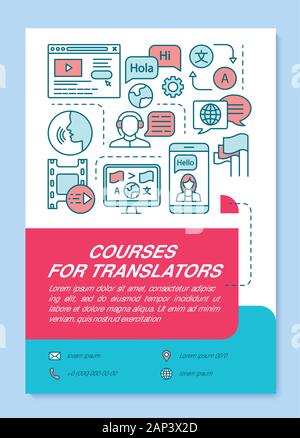 Pour les traducteurs cours Mise en page Modèle de brochure. Interprétation de l'éducation. Flyer, brochure, dépliant print design linéaire avec illustrations. Vector pag Illustration de Vecteur