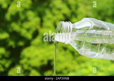 L'eau minérale en plastique de bouteille avec feuillage vert flou en arrière-plan Banque D'Images