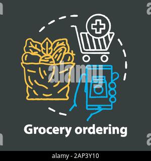 La commande d'épicerie concept craie icône. Achats en ligne, livraison de repas à domicile idée de l'application. Service de courrier express. Support mobile, smartphone et légumes Illustration de Vecteur