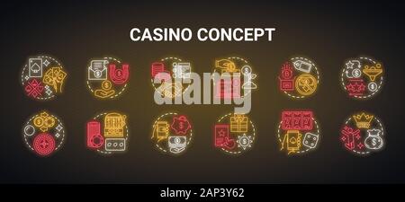 Casino neon light concept icons set. Jeux de hasard en ligne et bonus idée. Machines à sous, jeux de cartes, la roulette. Les jeux d'argent. Signe rougeoyant avec alphabe Illustration de Vecteur