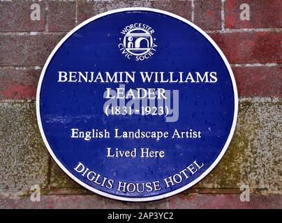 Une plaque bleue commémore l'artiste anglais Benjamin Williams leader sur le mur au Diglis House Hotel, Worcester, Royaume-Uni Banque D'Images