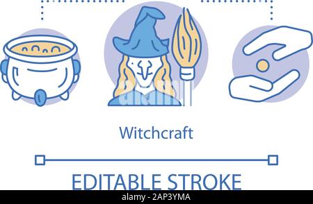 Concept de la sorcellerie. L'alchimie et wizardry idée fine ligne illustration. Brassage avec chaudron magique magique et méchante sorcière avec balai vecteur est Illustration de Vecteur