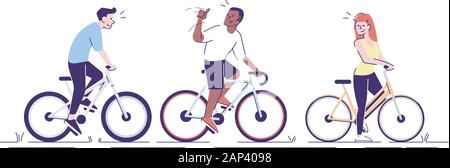 Les cyclistes entraînés ensemble télévision vector illustration. Les amis d'activités de plein air. Les élèves, les voisins la bicyclette avec personnages isolés Illustration de Vecteur