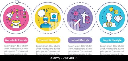 Types de vie professionnelle infographie vecteur modèle. Présentation d'éléments de conception. La visualisation de données avec quatre étapes, options. Traiter Illustration de Vecteur