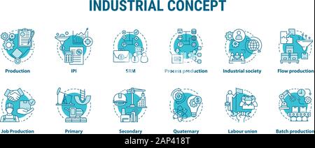 Concept industriel blue icons set. Segment économique idée fine ligne illustrations. L'industrie primaire, secondaire. La production par lots, de la main-d'union. Je vecteur Illustration de Vecteur