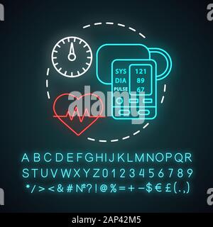 Mesure de la pression artérielle neon light concept icône. Le fonctionnement du cœur idée de surveillance. Taux de pression systolique et diastolique. Signe rougeoyant avec alphabet, Illustration de Vecteur