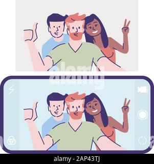 Télévision selfies vector illustration. L'auto-portrait photographique. Les hommes, femme font l'autoportrait avec téléphone. Happy friends prendre photo sur smartphone cartoon cha Illustration de Vecteur