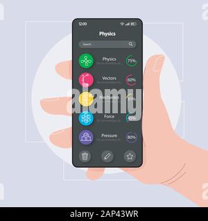 Tutoriel smartphone interface physique modèle de scénario. Page de l'application Mobile black design mise en page. Matériel éducatif écran. L'interface utilisateur pour l'application. Télévision Part Illustration de Vecteur