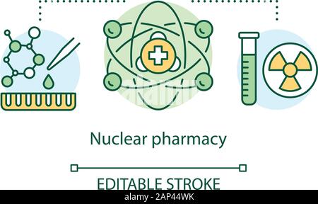 Concept de pharmacie icône. L'énergie nucléaire médicament idée fine ligne illustration. La recherche de l'élément radioactif. La chimiothérapie et les médicaments radioactifs. Vector Illustration de Vecteur