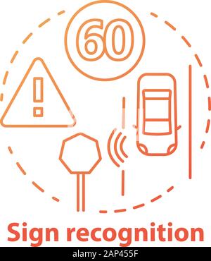 Inscrivez-concept reconnaissance icône. La détection de la signalisation routière. Smart car sur route. Technologie de capteurs pour l'idée de conduite sûre ligne fine illustration. Vecteur est Illustration de Vecteur