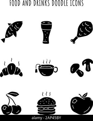 Nourriture et boissons glyphe icons set. Burger, cuisse de poulet et la bière. Manger délicieux et des boissons d'ossature des symboles. Le poisson, de cerise et de pomme. Croissant, h Illustration de Vecteur