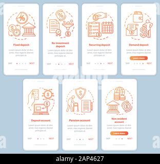 L'épargne, l'investissement de l'application mobile intégration-écran la page Modèle de scénario. Différents types de dépôt. Procédure pas à pas avec site web illustra linéaire Illustration de Vecteur